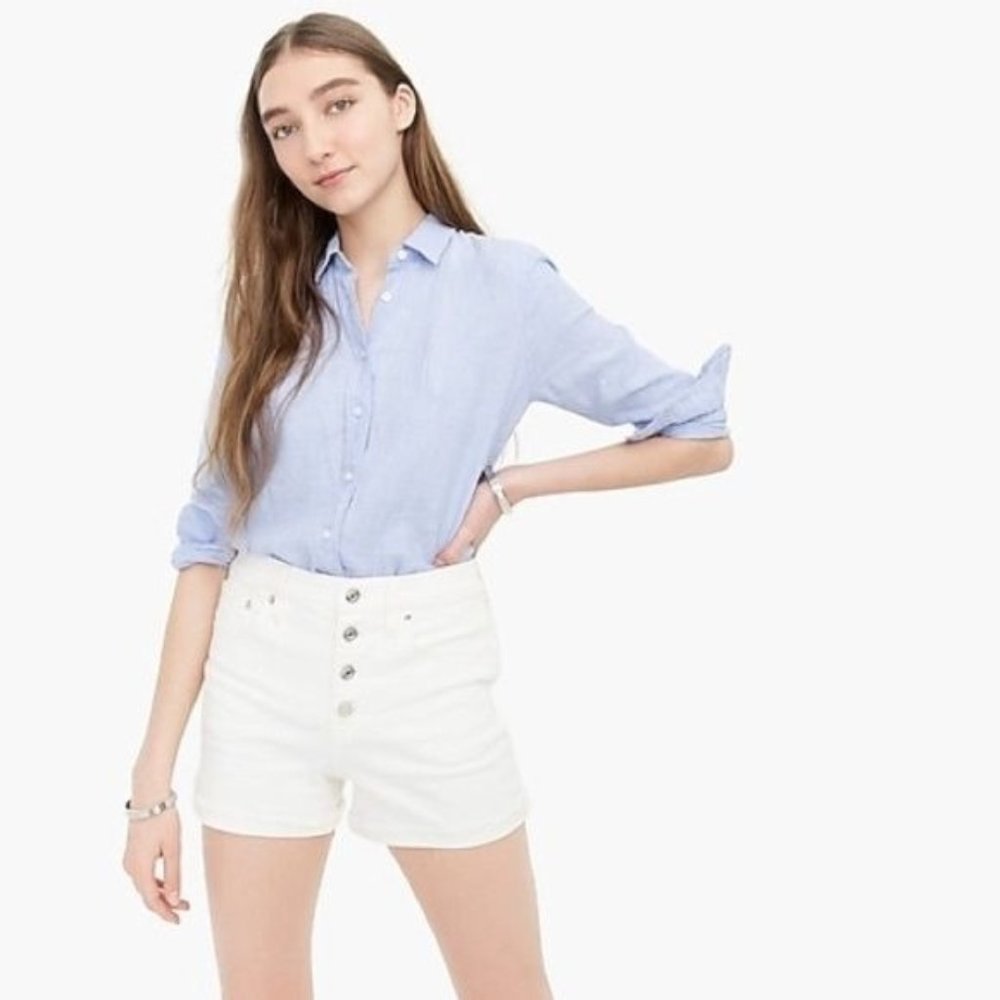 J. Crew Women's Cut-Off Button Fly White Denim Short High Rise 98% Cotton Sz 25